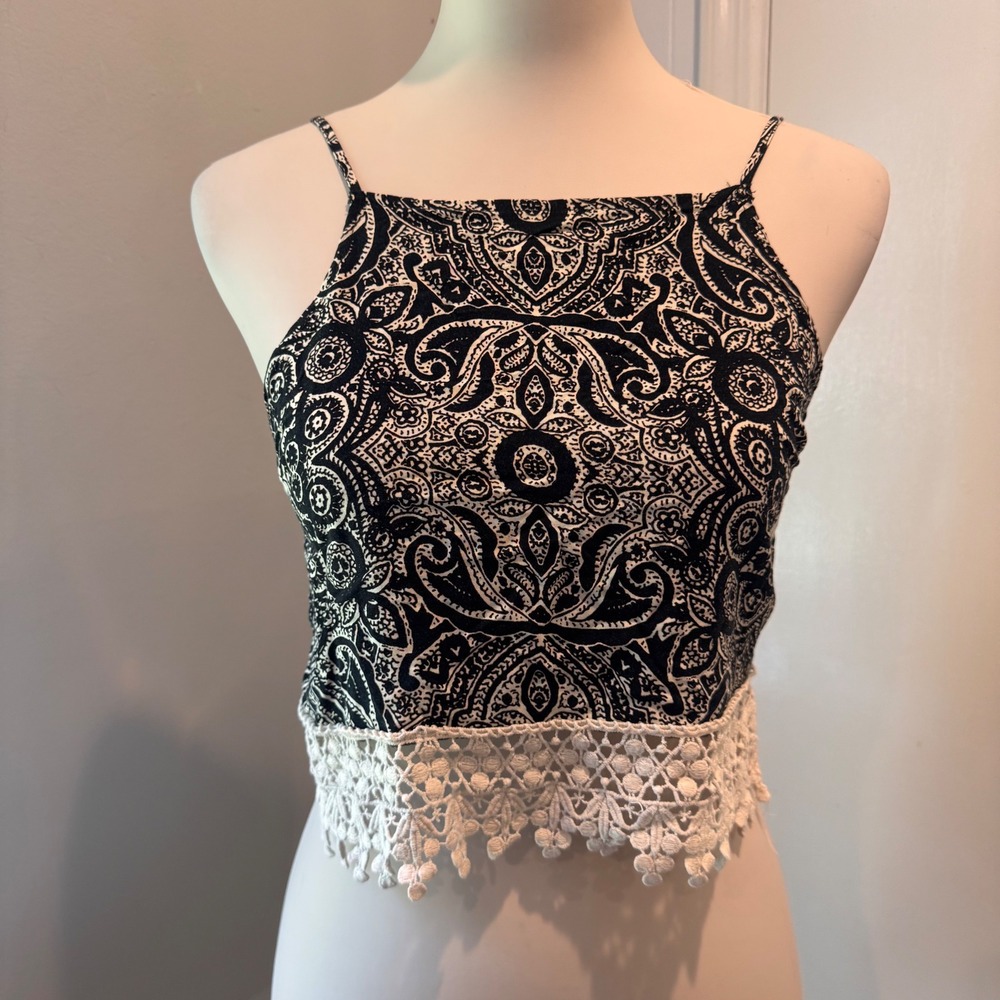 Abercrombie & Fitch Black Paisley Lace Trim Cami Crop Top Tie Back Boho | XS